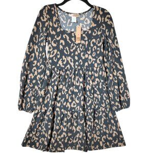 Abby Starr Animal Print Long Sleeve Tiered Ribbed  Dress Size Juniors Small